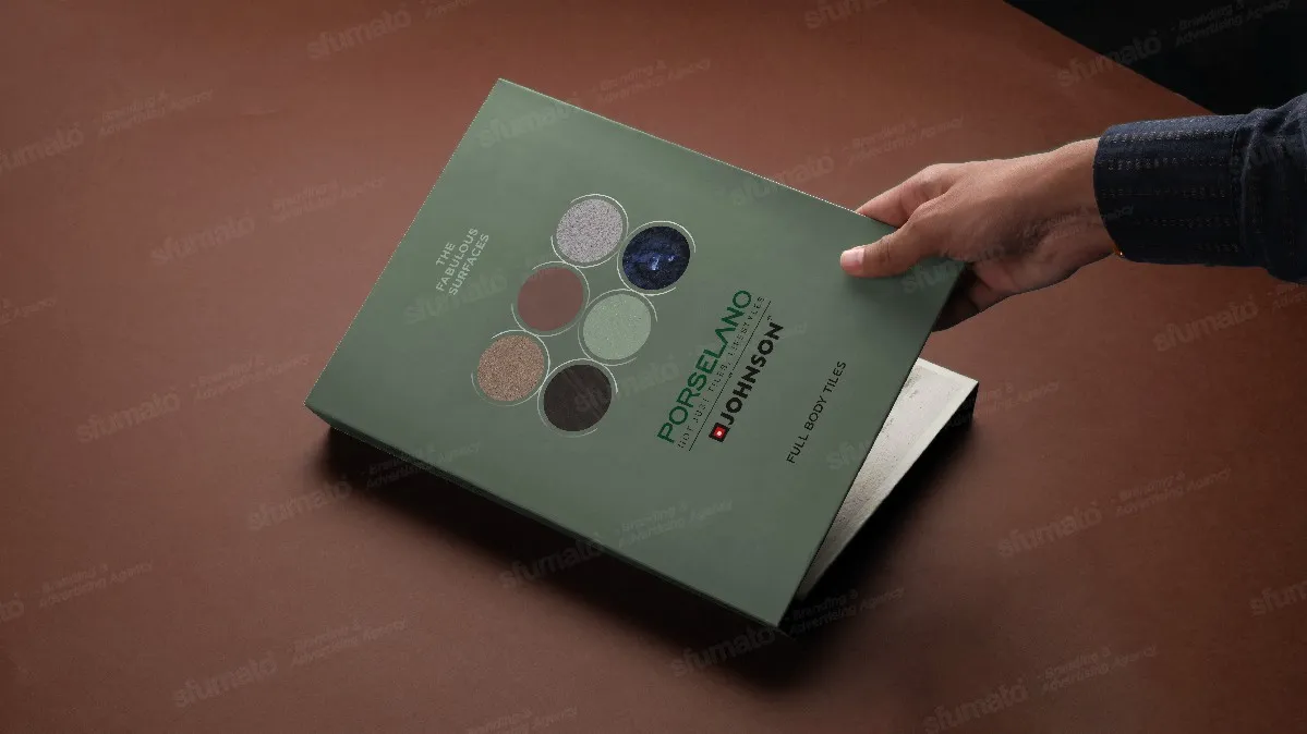 Customised product presentation kit opened to show a grid of tile samples